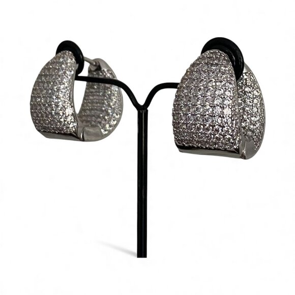 Pave Cubic Zirconia Huggies Style Silver Tone Earrings - Picture 1 of 10